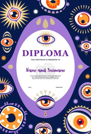 Illustration for Kids wizard diploma with magical witchcraft eyes, vector education certificate award. Magic eyes of kindergarten magician classes or esoteric workshop for witchcraft school diploma certificate - Royalty Free Image