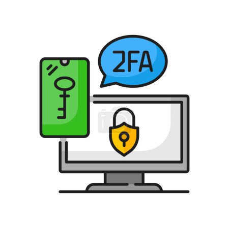 Illustration for 2FA two factor verification, key and lock, secure password and two-factor authentication. Vector security code and computer screen, checking entrance - Royalty Free Image