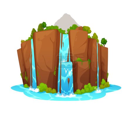 Téléchargez les illustrations : Cascade de dessin animé et cascade d'eau avec des ruisseaux vecteurs de chute de rivière de montagne, éclaboussures et gouttes d'eau. Paysage naturel de falaises rocheuses fontaines, lac bleu, rochers et arbres forestiers - en licence libre de droit
