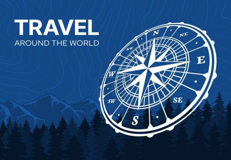 Illustration for Topographic map, mountains and compass wind rose on adventure banner background. Mountain forest and night sky vector nature landscape of travel, outdoor adventure, survival camp and summer camping - Royalty Free Image