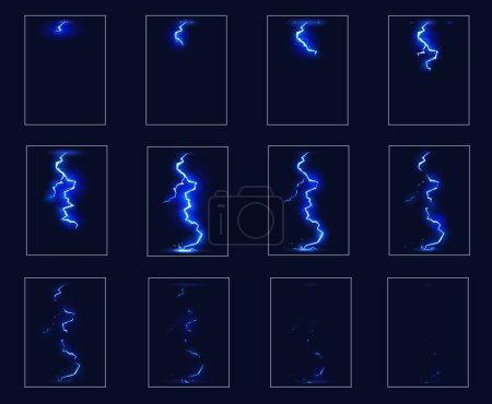 Illustration for Cartoon lightning sprite animation effect, vector fx game ui. Thunder storm and thunderbolt sprite sheets with blue lightning strikes or flashes animated motion sequences. Thunderstorm animation frame - Royalty Free Image
