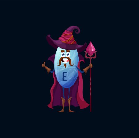Illustration for Cartoon vitamin E sorcerer character. Vector blue tocopherol cheerful capsule wearing wizard hat and long purple cloak holding staff. Isolated moustached funny mage personage showing thumb up - Royalty Free Image