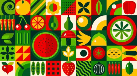 Illustration for Summer garden fruits and vegetables abstract geometric bauhaus pattern. Farm food vector background with flat geometry mosaic of watermelon, carrot, lemon, plant flower and leaf, agriculture themes - Royalty Free Image