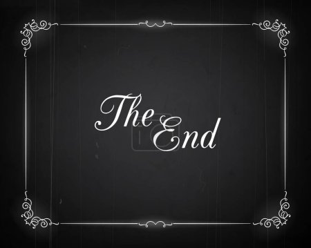 Illustration for Silent movie cinema film end screen with vintage borders, vector background. Hollywood cinema and retro movie theater The End screen with frame, grunge black poster of silent movie film ending - Royalty Free Image