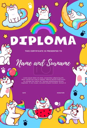 Kids diploma, cartoon cute caticorn cats and kitten characters, vector education certificate. Caticorn or kitty unicorn on rainbow with ice cream and balloon on school or kindergarten workshop diploma