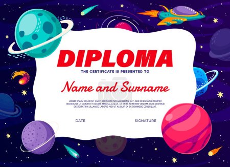 Illustration for Kids diploma, cartoon space rocket and galaxy planets, vector certificate template. Kids school or kindergarten award certificate diploma with galactic fantasy spaceship and asteroids in sky space - Royalty Free Image