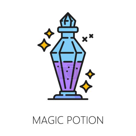 Magic potion witchcraft and magic icon. Enchanting glass vial isolated vector linear sign, symbolizing mystery and power. Sparkling flask featuring spellbinding concoctions and supernatural abilities