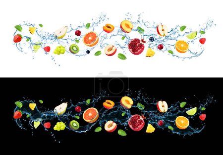 Illustration for Long water wave splash with fruits. Realistic 3d vector liquid flow with mix of fresh orange, lime, garnet and apple, strawberry, cherry, kiwi with pineapple, pear, peach, grapes. Vitamin drink stream - Royalty Free Image