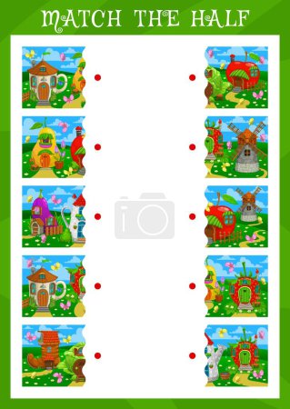 Illustration for Match the half of fairytale magic houses and dwellings. Cartoon vector game worksheet with funny pear, apple, strawberry and windmill, watering can, cabbage and old boot buildings in summer garden - Royalty Free Image