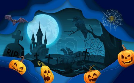 Illustration for Halloween paper cut midnight castle and cemetery landscape. Vector horror holiday pumpkins, spooky bat and spider. 3d layered papercut frame with creepy moon, haunted house, zombie hand, moon and web - Royalty Free Image