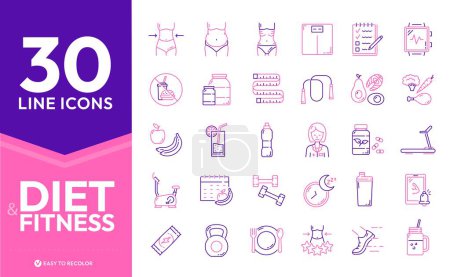 Illustration for Outline icons. Diet nutrition, healthy food, fitness sport, weight control, keto diet, body exercise and workout. Vector thin line gym equipment, vitamins, water, body types, scales and measure tape - Royalty Free Image