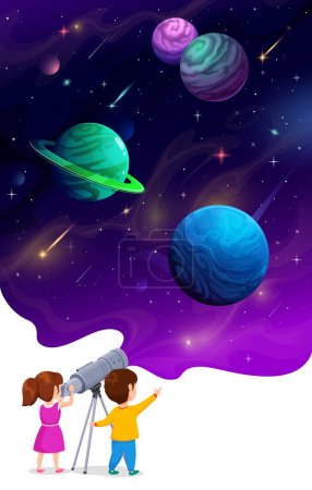 Illustration for Cartoon boy and girl kids looking through a telescope at space planets. Excited vector children explore night starry sky, vast mysteries of Universe, learn astronomy science, observe galaxy wonders - Royalty Free Image