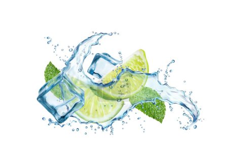Illustration for Mojito drink wave splash with lime, ice cubes, water swirl and mint leaves. 3d vector liquid beverage with citrus fruit slices, water drops or frozen icy blocks. Realistic flow of refreshment cocktail - Royalty Free Image