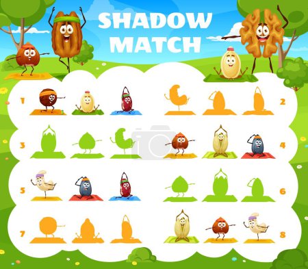 Illustration for Cartoon nuts characters on yoga fitness, shadow match game worksheet. Kids vector matching shades riddle with macadamia, pumpkin or sunflower seed, brazil, pistachio, cashew and hazelnut silhouettes - Royalty Free Image