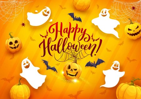 Téléchargez les illustrations : Dessin animé halloween fantômes volants. Carte de vœux de vacances d'automne vectorielle avec fantômes drôles, citrouilles, chauves-souris, toile d'araignée et étincelles sur fond orange avec lettrage. 31 octobre design avec fantômes - en licence libre de droit
