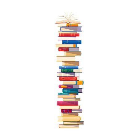 Hoher Bücherstapel, Cartoon-Vektor-Stapel mit Lesematerial für Bildung und Freizeit. Gestapelte Lehr- oder wissenschaftliche Papierbände für die Vermittlung von Fakten und Wissensinformationen in der Bibliothek