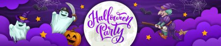 Illustration for Halloween paper cut banner with cartoon ghosts and witch, vector horror night holiday background. Halloween party banner with spooky pumpkins on night moon, witch on broom with bats in paper cut art - Royalty Free Image