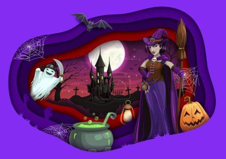 Illustration for Halloween holiday paper cut cartoon witch, castle and potion pot. Vector double exposition design with 3d effect frame, pumpkin, ghost, hag in purple dress at night landscape with full moon and trees - Royalty Free Image