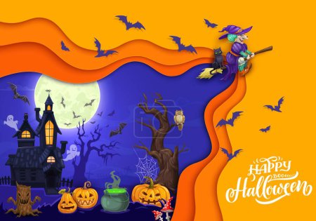 Illustration for Halloween paper cut landscape with cartoon witch, castle and pumpkins. Vector holiday banner with flying hag, ghosts and jack lanterns at midnight . Papercut double exposition design with 3d effect - Royalty Free Image