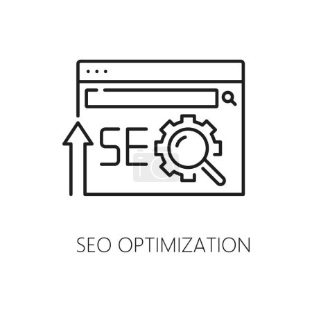 Ilustración de Optimización SEO, icono SERP de la página de resultados del motor de búsqueda, pictograma de línea de vectores de marketing web. SEO en publicidad en internet y optimización de contenido de medios digitales de búsqueda en internet y SERP en sitios web - Imagen libre de derechos