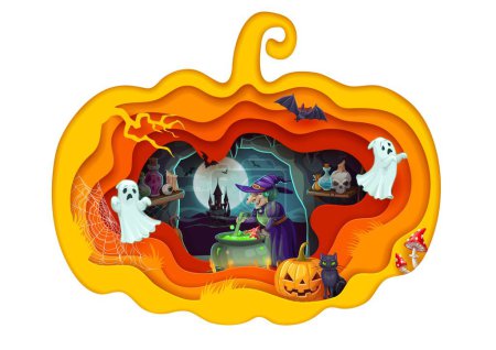 Illustration for Halloween paper cut cartoon witch with magic potion pot in cave. Vector holiday papercut double exposition with 3d effect pumpkin frame, old hag cooking brew in cauldron, cat and night castle - Royalty Free Image