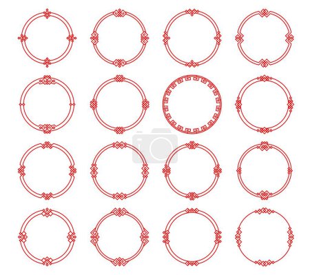 Illustration for Round red asian frames and borders. Japanese, korean and chinese circle frames. Vector line borders of oriental pattern, traditional knot ornament and geometric motif with square decorations - Royalty Free Image