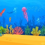 Cartoon underwater landscape with sea animals for game level background, vector undersea world. Ocean coral reef jellyfish with dolphin, starfish or crab and fish shoal for game level sea landscape