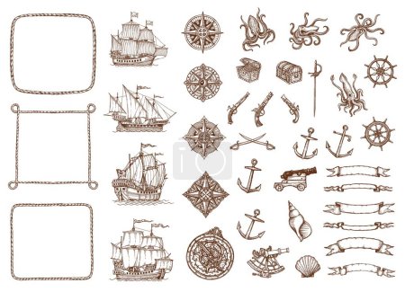 Illustration for Old vintage sketch map vessel ships, antique compass and seashells, rope frames, octopuses and sabres, anchors and treasure chests. Vector helm, sextant, gun, cannon and ribbon banner hand drawn set - Royalty Free Image