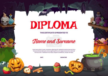 Illustration for Halloween kids diploma with witch cave, holiday sweets and pumpkin. Vector appreciation school or kindergarten certificate with cartoon cauldron, jack lanterns, bats and potion bottles, award frame - Royalty Free Image