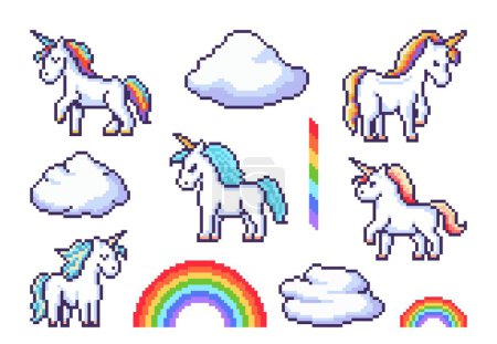 Ilustración de Fantasía pixel unicornios y arco iris, pegatinas de juego. Vector pixel arte mágico caballo o pony animales, nubes y objetos de arco iris conjunto. Retro 8 bits de videojuego lindo unicornio personajes con cuernos de colores - Imagen libre de derechos