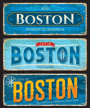 Illustration for Boston city travel plates and stickers, USA capital city of Massachusetts state vector grunge tin signs. Athens of America stickers with antique compass wind rose and anchor on water waves background - Royalty Free Image
