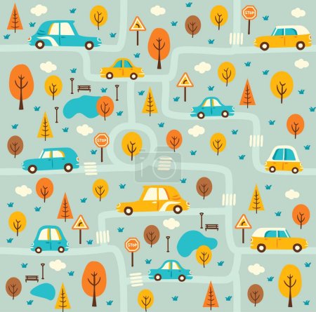 Illustration for Kid car seamless pattern with roads, trees and vehicles. Cartoon town map vector background with streets, transport traffic, road signs, cars and auto, park alleys, lake. Childish wallpaper backdrop - Royalty Free Image