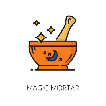 Illustration for Magic mortar witchcraft and magic icon. Isolated vector linear sign. Enchanting fantasy grinder with mystical properties, symbolizing spellcasting and alchemy, power of transformation and creation - Royalty Free Image