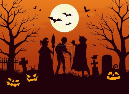 Téléchargez les illustrations : Silhouettes de caractère Halloween sur le cimetière de vacances de nuit d'horreur. Citrouilles et chauves-souris noires vectorielles, sorcière effrayante avec balai, momie et vampire, arbres effrayants, pierres tombales sur fond de ciel de pleine lune - en licence libre de droit