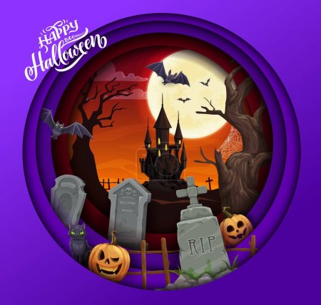 Illustration for Halloween paper cut cartoon cemetery, castle and pumpkins. Vector background with 3d effect round papercut frame, haunted house, graveyard tombstones, trees, bats, moon and funny black cat at night - Royalty Free Image