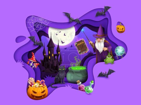 Halloween paper cut wizard or sorcerer cave with magic potion pot. Vector background with 3d effect wavy papercut frame. Cartoon wiz with spell book, pumpkin, trick or treat sweets, old night castle