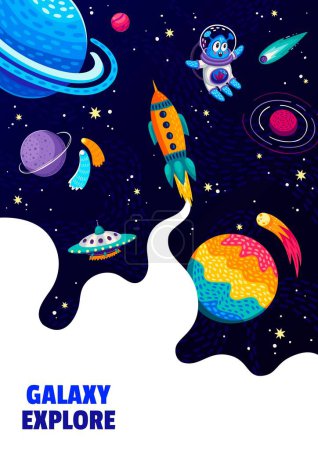 Ilustración de Cartel espacial. Dibujos animados extraterrestres, OVNI, nave espacial y planetas espaciales con estrellas de galaxias paisaje vector de fondo. Lindo personaje explorador de galaxias en traje espacial y casco, ciencia de la astronomía y viajes cosmos - Imagen libre de derechos