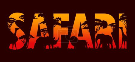 Illustration for Safari, african sunset landscape with animal silhouettes. Vector double exposition savannah lion, elephant, giraffes and rhino, acacia and sequoia trees, grass and bushes. Safari hunting and travel - Royalty Free Image