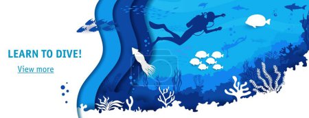 Illustration for Landing page of scuba diving club with divers silhouettes and sea sharks, vector underwater paper cut landscape. Ocean or undersea scuba diving club web page with papercut layers of coral reef fishes - Royalty Free Image