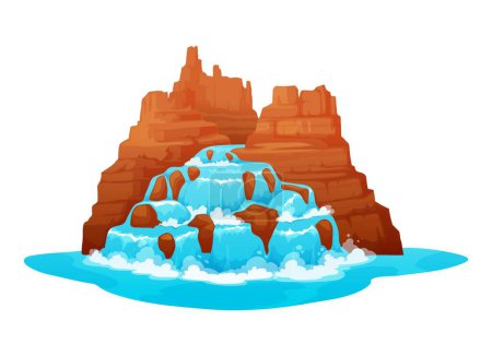 Illustration for Cartoon wild west waterfall and water cascade. Vector splashing streams and jets falling from canyon rock. Isolated multiple flows cascading down the western rock in natural environment or park - Royalty Free Image