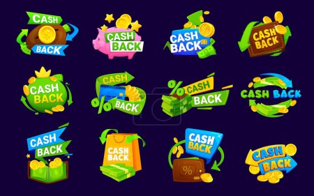 Cash back, coin and bonus, refund or rebate money icons vector set. Refund money after buy cartoon stickers, promotion banners of cashback labels with gold coins, arrows, wallets and credit cards