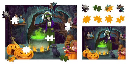 Illustration for Jigsaw puzzle Halloween game pieces. Cartoon eerie witch in cave with magic potion pot. Correct piece connect Halloween quiz, shape or figure search kids puzzle vector worksheet with witch cauldron - Royalty Free Image