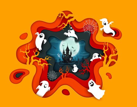 Illustration for Halloween paper cut banner. Flying ghosts and medieval castle. Halloween holiday paper cut vector background, 3d wallpaper or backdrop with funny ghosts monsters characters, full moon and spider web - Royalty Free Image