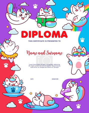 Illustration for Kids diploma with cute cartoon caticorn cats and kitten characters, vector education certificate. Cheerful cat unicorns in rainbow sunglasses or caticorn ballerina on school or kindergarten diploma - Royalty Free Image