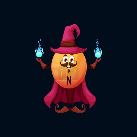 Illustration for Cartoon vitamin N mage character. Lipoic acid capsule holding magic spheres. Vector nutritional supplement personage wearing witch hat and cloak smile. Isolated cheerful fantasy wizard orange pill - Royalty Free Image