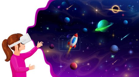 Illustration for Cartoon girl kid in vr helmet dreaming about space. Vector child explore Universe, her imagination takes flight as she envisions herself as an astronaut, embarking on thrilling interstellar adventures - Royalty Free Image
