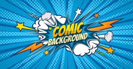 Blue comic pop art background with thunderbolt lightnings and comics bubbles. Vector halftone pattern backdrop with cartoon comic book burst clouds, boom stars and explosion lightning strikes