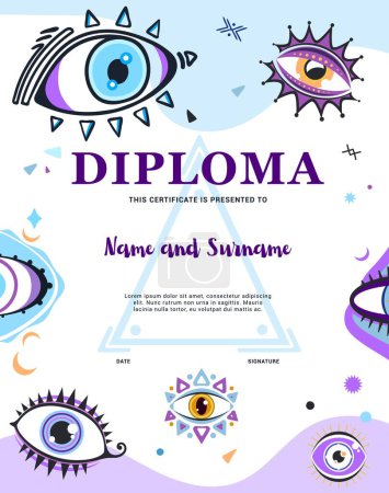 Illustration for Clairvoyant oracle diploma with magical witchcraft eyes, vector certificate award template. Magic divination or occult esoteric and fortune telling or witch workshop certificate with eye amulets - Royalty Free Image