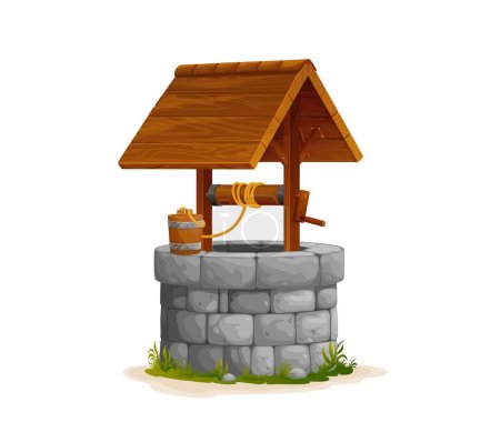 Illustration for Cartoon farm stone water well with wooden bucket, vector old ancient village water tank. Rustic farm well with wooden roof and bucket on rope on pulley, countryside drinking source or brick stone well - Royalty Free Image