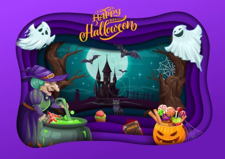 Illustration for Halloween paper cut cartoon witch in cave, ghosts and night castle. Vector holiday papercut double exposition design with 3d effect frame, pumpkin, sweets, cat and old hag with cauldron at night - Royalty Free Image